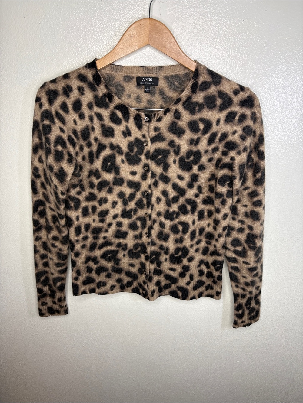 Apt. 9 Brown leopard Print 100% Cashmere Button Up Cardigan Women Size M